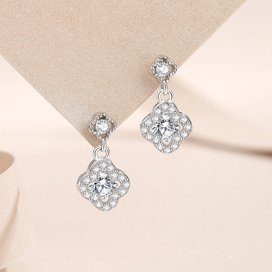 1 Pair 925 Sterling Silver Zircon 925 Sterling Silver Earrings Four Leaf Clover Drop Earrings