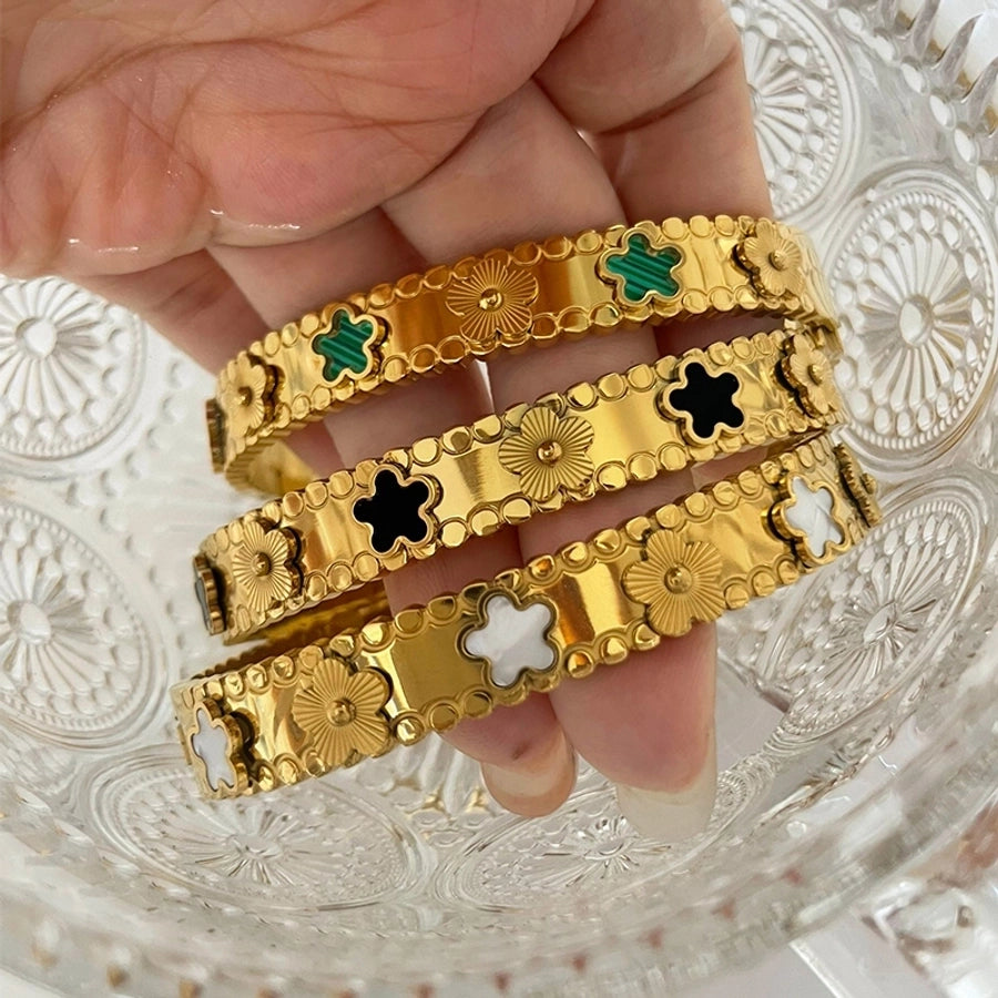 Elegant Retro Geometric Flower 316L Stainless Steel  18K Gold Plated Natural White Shell Rhinestones Zircon Bangle In Bulk