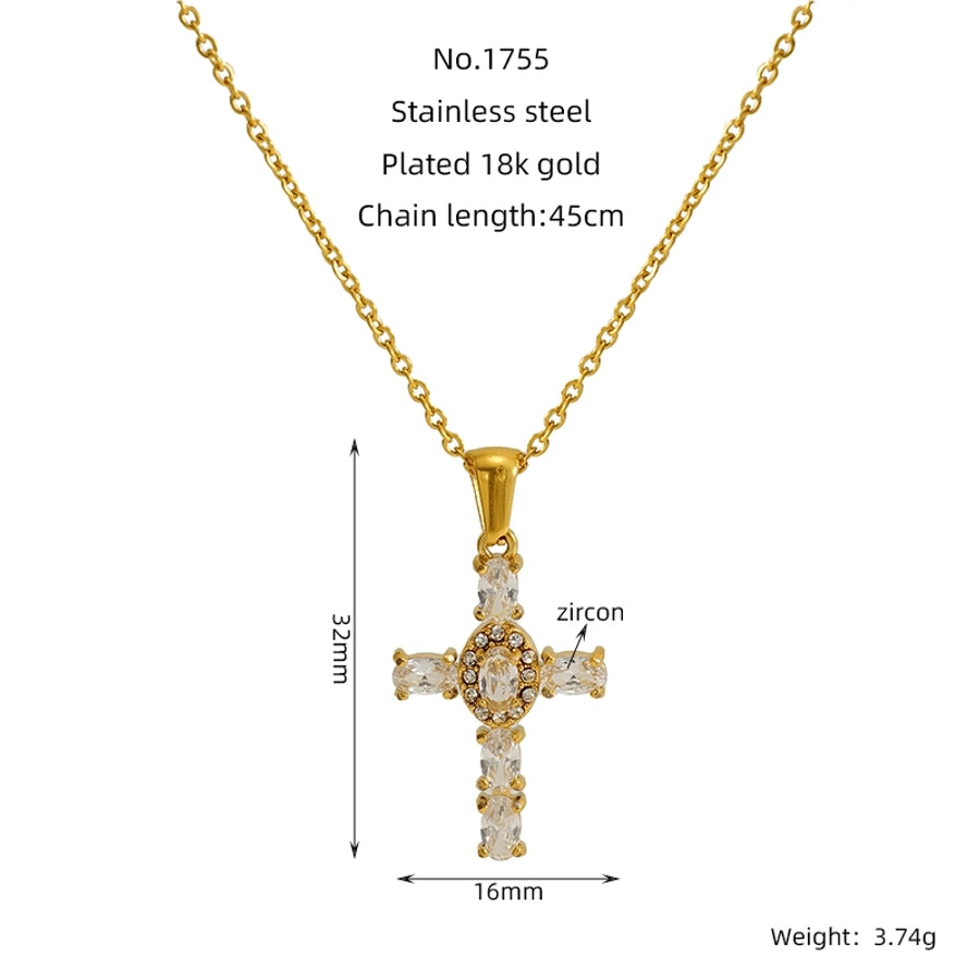 Jewelry Cute Wedding Pastoral Cross 304 Stainless Steel Rhinestones Zircon 18K Gold Plated Necklace