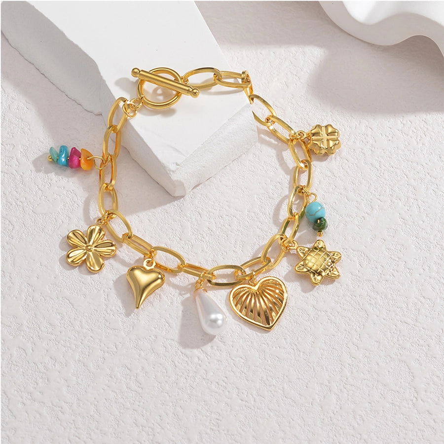 Sweet Simple Style Heart Shape Flower Butterfly 304 Stainless Steel 18K Gold Plated figaro chain Multi Charms Bracelet Bracelets In Bulk